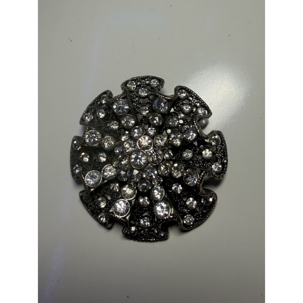 Rhinestone Floral Statement Brooch - Silver Tone